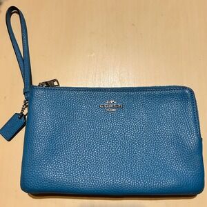 COACH‎ Blue Leather Double Zip Wristlet Wallet Clutch Handbag Purse